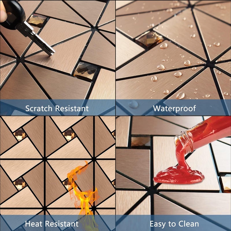 Vamos Tile Peel and Stick Backsplash Tile with Gloves - Metal Tile Stick on Backsplash for Kitchen and Bathroom Rosegold Windmill Puzzle Glass Mixed Self Adhesive Mosaic Tiles(12"x12"x10 Sheets) - Image 3